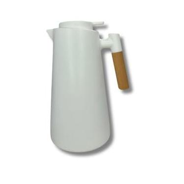 Imagem de Garrafa Térmica de Plástico com Cabo de Madeira e Termômetro Branca 1L - Utensílios de Cozinha - Mesa Posta - Decoração - Itens Para Casa - Perfeita Para Café e Chá (Branco)
