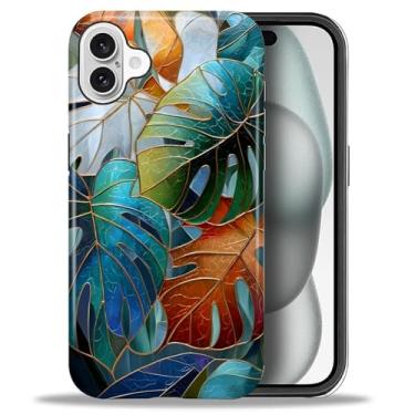 Imagem de Flivro Capa para iPhone 16 Plus, capa rígida de policarbonato e amortecedor interno de silicone, antiarranhões, à prova de impacto, design fino - Mosaico de plantas de folhas coloridas