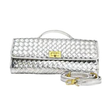 Imagem de Bolsa clutch de camurça tecida para mulheres – Bolsa tiracolo ou de ombro para noite, casamentos, festas, encontros noturnos e eventos formais, Prata, Medium