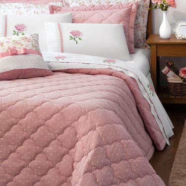 Imagem de Kit Cobre Leito Casal Queen Yonara 07 Peças Tecido Percal Floral Com Almofada Bordado Inglês - Rosê