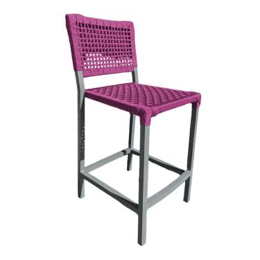 Imagem de Banqueta França Em Corda Náutica E Base Em Alumínio Cinza Para área Gourmet Rosa - Cor: Rosa