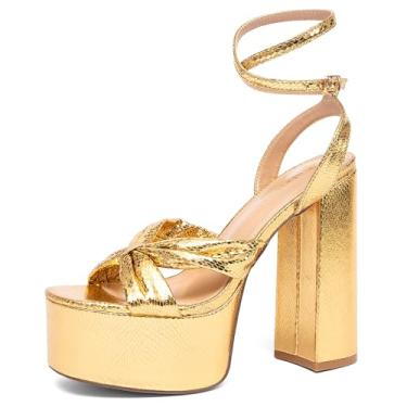 Imagem de NEWBELLA Sandálias femininas de salto grosso com tira no tornozelo e design de tiras - Sapatos sociais abertos com bico redondo para casamento, festa, formatura, Dourado, 41