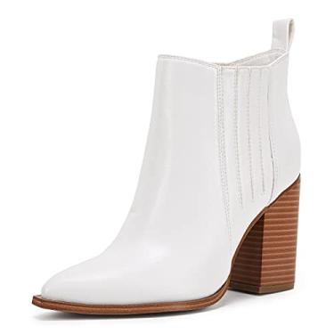 Imagem de Bota feminina de bico fino, sem cadarço, cano médio, salto sintético, bota de couro sintético, Branco, 7.5
