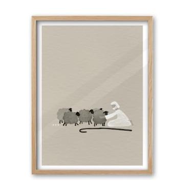 Imagem de iHery Arte de parede emoldurada de madeira de carvalho natural Good Shepherd, grande 40,6 x 50,8 cm, folhas de Jesus 99 ovelhas, arte em tela bíblica cristã, esboço bíblico moderno, decoração de