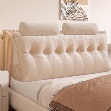 Imagem de Almofada triangular de veludo, almofada de cabeceira com capa removível para sofá-cama, suporte para posicionamento do encosto, almofada de descanso e leitura relaxante (bege com almofada de rolo