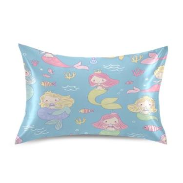 Imagem de Blueangle Linda fronha de cetim sereia para cabelo e pele, fronha de seda, tamanho Queen (50,8 x 76,2 cm) - Capas de almofada de cetim com fecho de envelope (672)