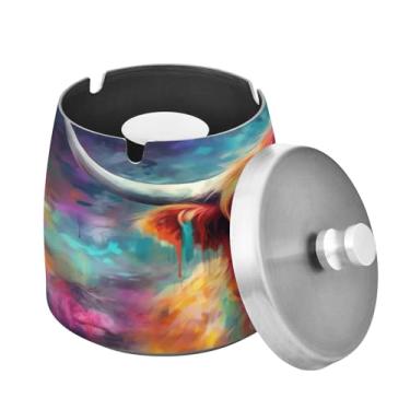 Imagem de Blueangle Cinzeiro colorido de vaca Highland com tampa para cigarros, à prova de vento/chuva, aço inoxidável, sem fumaça, inodoro, cinzeiro para uso interno ou externo (331)