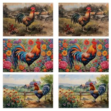 Imagem de Jogo americano de galo, conjunto de 6 tapetes rústicos de frango e girassóis, cerca de madeira, para casa de fazenda, tapetes de mesa laváveis, cozinha, jantar, linho, para festa em casa, ambientes