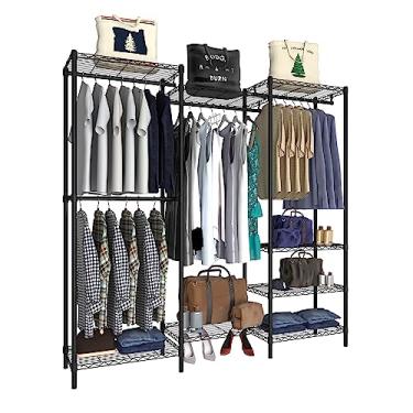 Imagem de Serxis Suporte de roupas portátil para armário, rack de roupas independente, rack de roupas de metal, rack de armário personalizado ajustável, 144 cm C x 35 cm L x 190 cm A, carga máxima de 317 kg, pequeno (preto)