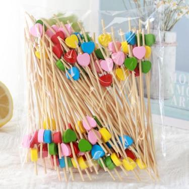 Imagem de 100 palitos de coquetel de coração, palitos de bambu de coração de 12 cm para aperitivos, espetos de dia dos namorados, palitos decorativos de palitos de frutas (mistura de cores)