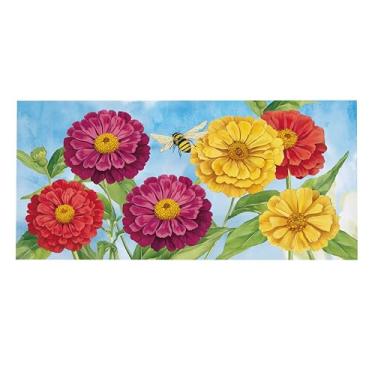 Imagem de Evergreen Flag Zinnias & Bees Tapete de interruptor de sassafrás 55,88 cm x 25,4 cm, tapete intercambiável, entrada externa, tapete de entrada interna, inserções de capacho de sassafrás de inverno