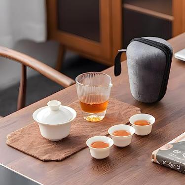 Imagem de Conjunto de Chá Kungfu Gaiwan Cerâmica para Viagem Copo Porcelana Branca Jade Suet Chinesa com Tapete e Infusor Portátil