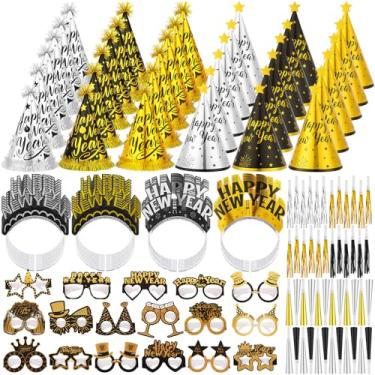Imagem de Suhine 120 peças Happy New Year Eve 2026 artigos de festa chapéus cone a granel faixa de cabeça óculos de papel para fazer barulho chifres (ouro, preto, prata)