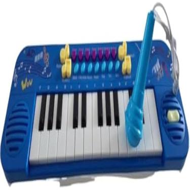 Imagem de Kit teclado infantil com microfone, toca musicas divertidas e educativas, azul