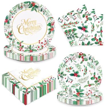 Imagem de XIENBLOC 200 peças de pratos de azevinho de Natal, guardanapos, artigos de festa, conjunto de utensílios de mesa descartáveis para jantar e sobremesa, para decoração de festa de Natal, serve 50