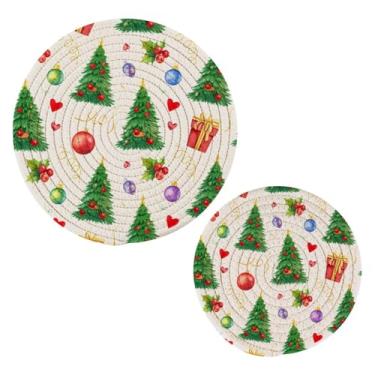 Imagem de Wassud Conjunto de trivet de arte de Natal para pratos quentes, suportes redondos de algodão, almofadas quentes, porta-copos elegantes, decoração de cozinha e acessórios, 2 peças