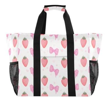 Imagem de Wassud Linda bolsa de compras reutilizável com laço de morango grande bolsa organizadora de lona impermeável para praia, piquenique, lavanderia, viagem