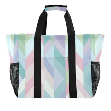 Imagem de Wassud Sacolas de compras reutilizáveis em ziguezague pastel grande bolsa organizadora de lona impermeável para praia, piquenique, lavanderia, viagem
