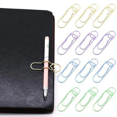 Imagem de Zrwcvxy Clipes de caneta de metal colorido, pacote com 12 suportes de clipe de papel de coração para cadernos e papéis, acessórios de planejador, material de escritório escolar (3 dourados, 3 roxos, 3