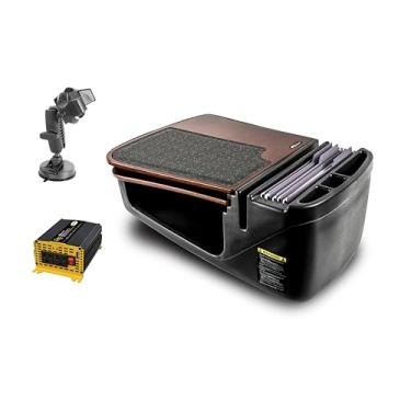Imagem de AutoExec Mesa de carro GripMaster para sua estação de trabalho de veículos e escritório móvel, mogno, com inversor de potência de 400 watts e suporte de sucção para telefone