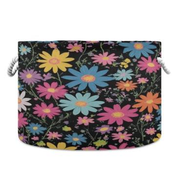 Imagem de JUZIHAI Cesta de armazenamento dobrável com estampa de flores, cesto de roupa suja para bebê, cobertor com alças de corda de algodão, caixa organizadora de armário dobrável para quarto, berçário, casa