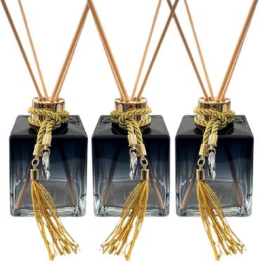 Imagem de Kit 3 Frascos Difusor de Ambiente 250ml – Vidro Cubo Preto Degradê com Tampa Dourada, Varetas e Cordão Luxo – Aromatizador para Casa, Lavabo e Pia