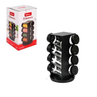 Imagem de Porta Condimentos Giratório com 8 Potes, Plástico Preto, 80ml, Suporte Organizador para Temperos, 22,5cm Altura