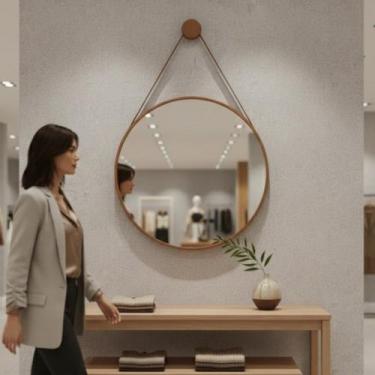 Imagem de Espelho Adnet Para Banheiro 50cm Moldura Couro Caramelo Luxo Decorativ