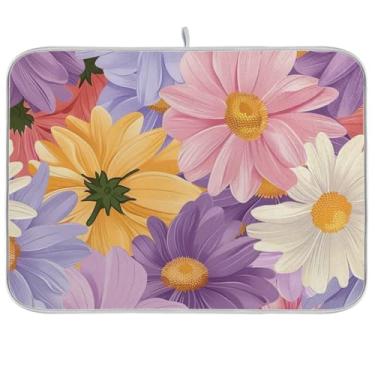 Imagem de Tapetes de secagem de pratos para balcão de cozinha, margaridas primavera roxo almofada de microfibra escorredor de pratos tapete para decoração de bancada de cozinha médio 40,6 x 45,7 cm