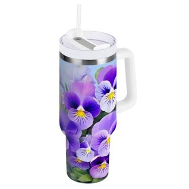 Imagem de ODAWA Copos de copo com isolamento roxo de 850 g com alça e tampa de palha, copo com isolamento duplo