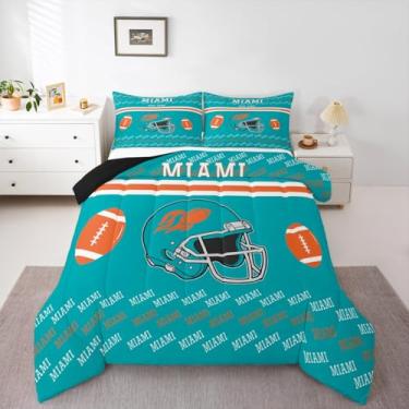 Imagem de Feelyou Conjunto de edredom de futebol americano, tamanho Queen, Miami, para crianças, meninos, meninas, futebol, cidade, presente, edredom para decoração de quarto, microfibra, 3 peças com 2 fronhas