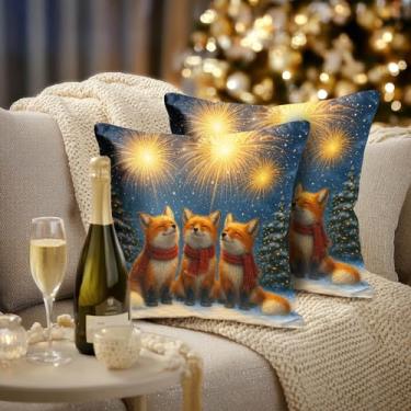 Imagem de HOMETITUTE Conjunto de 2 capas de almofada de raposa feliz ano novo 45,7 x 45,7 cm, capas de almofada decorativas macias para fogos de artifício de inverno, casa de fazenda, férias, sazonais, para