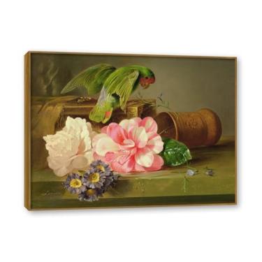 Imagem de NHLDZYH Moldura de madeira de teca. Flores clássicas natureza morta pintura em tela retro buquê de flores pinturas estilo country decoração de parede para cozinha e sala de estar. A34. 80 x 105 cm