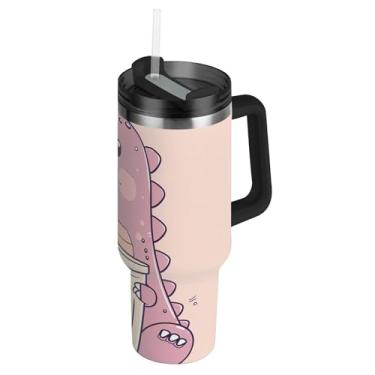 Imagem de Copo de 1,134 g com alça copos de aço inoxidável com tampa e canudos, garrafa de água engraçada com isolamento térmico para copo de carro, dinossauro, segurando chá bolha