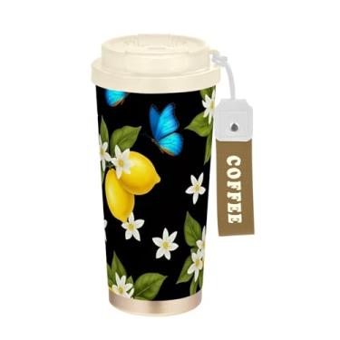 Imagem de TSENQUE Copo de café 473 ml com canudo e tampa, revestimento cerâmico isolado a vácuo caneca de café de aço inoxidável à prova de vazamento, limão amarelo brilhante preto