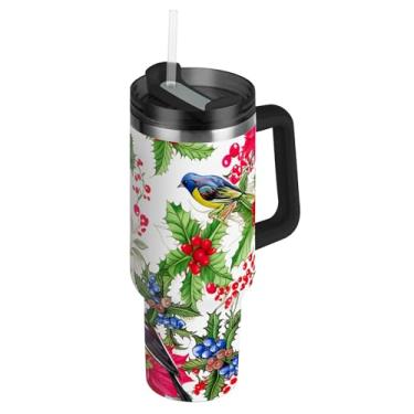 Imagem de Copo com alça de aço inoxidável de 850 g com tampa e canudo Garrafa de água com isolamento térmico para carro copo de café pássaros coloridos folhas de flores rosa