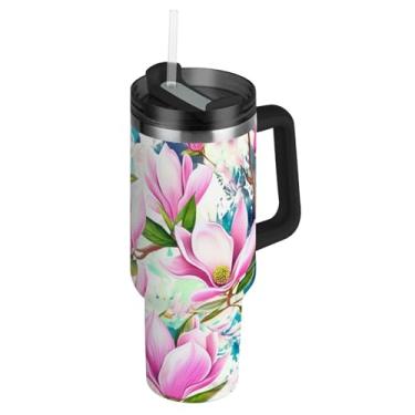 Imagem de Joisal Copos de flores e folhas rosa com tampa e canudos Cores Copo de 850 g com alça Garrafas de água Isoladas Aço Inoxidável Carros Caneca de Café Bebida Quente