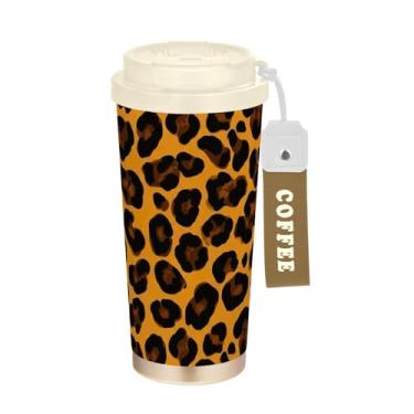 Imagem de Caneca de viagem de café 40 ml com canudo e tampa, copo de café de aço inoxidável à prova de vazamento para escritório, escola, festa, acampamento, preto, marrom, leopardo, amarelo