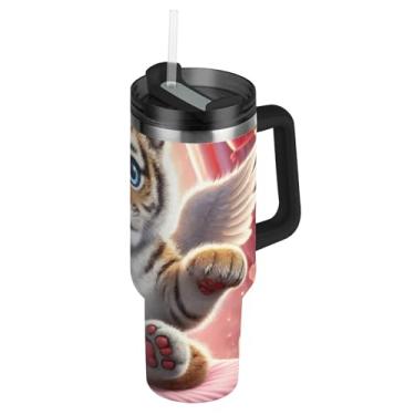 Imagem de Joisal Copos com tampa e canudo Sweet Angel Tiger Cub 1,134 g copo com alça garrafa de água rosa isolada garrafa de água de aço inoxidável cabe no copo do carro
