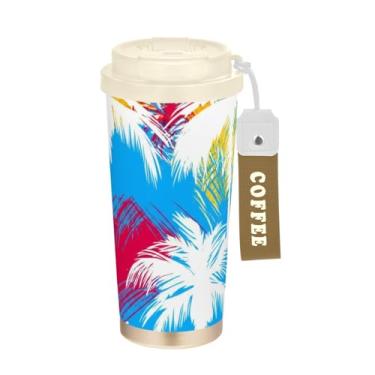 Imagem de TSENQUE Caneca de café de viagem de 473 ml com tampa de canudo e filp, canecas de café de parede dupla isoladas a vácuo com revestimento cerâmico, palmeira colorida de verão tropical