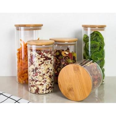 Imagem de Kit 4 Potes Hermético De Vidro Porta Mantimentos Tampa Bambu