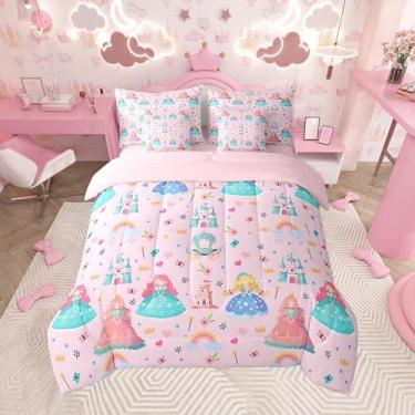 Imagem de jejeloiu Conjunto de edredom castelo com lençol solteiro, decoração de princesa, para meninos, meninas, adolescentes, rosa, 7 peças, respirável, microfibra macia