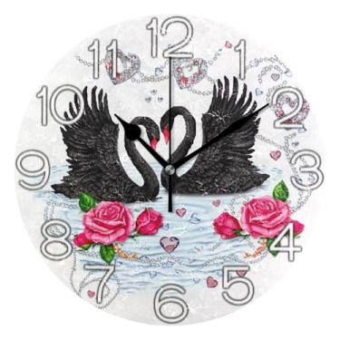 Imagem de GAIGEO Relógio de parede analógico decorativo estético silencioso sem tique-taque relógio de cozinha fofo, decoração de parede vintage sala de estar, cisnes dos namorados rosa floral, 25 cm, ponteiros