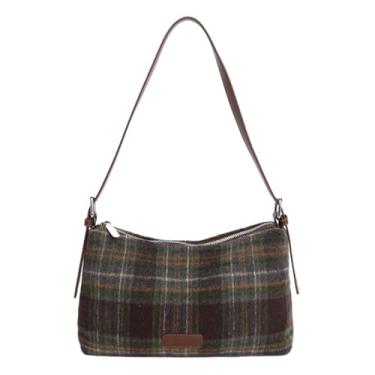 Imagem de Harris Tweed Bolsa tiracolo feminina vintage xadrez bolsa de ombro outono inverno bolsa de couro bolsa bolsa de mão para viagem de trabalho, Verde, Casual