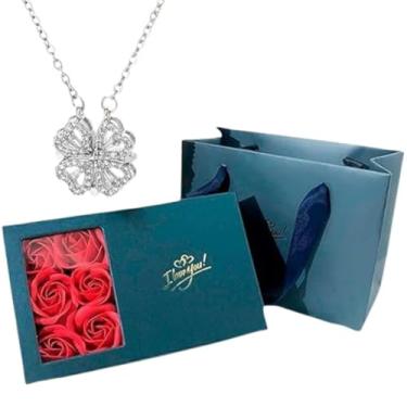 Imagem de Colar Coração Trevo Magnético Prata Cx Presente Rosa Eterna