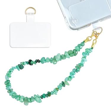 Imagem de Seople Amuleto de telefone de cura com contas de pedra natural, destacável, antirroubo, chaveiro de celular com alça de pulso com aba de corda (Aventurina verde)