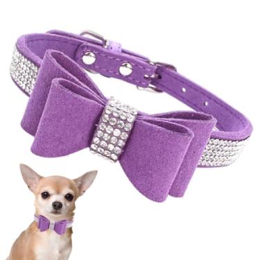 Imagem de Coleira de cachorro de strass com gravata borboleta, lindo nó de cristal, brilhante, para filhotes de cachorro PPP PP, médio, grande, animais de estimação, meninas, cães, fêmeas, gatos, roxo escuro,