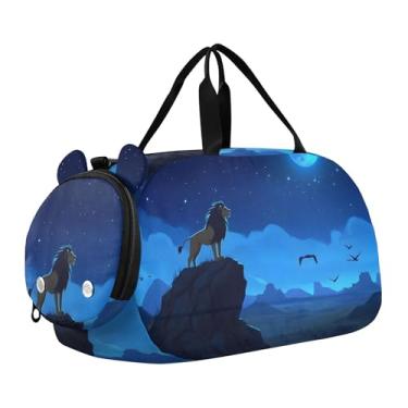 Imagem de Bolsa esportiva de viagem para meninos, burro, desenho animado, cavalo, durante a noite, para o fim de semana, bolsas de viagem, bolsa esportiva de dança, Majestic Lion Moonlit Mountain Blue, Clássico