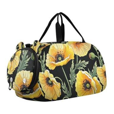 Imagem de Bolsa esportiva para meninos de fim de semana para noite com caras fofas de coala, amarelo claro, bolsas de viagem para meninas, compartimento para sapatos, Flor de papoula amarela preta, Clássico