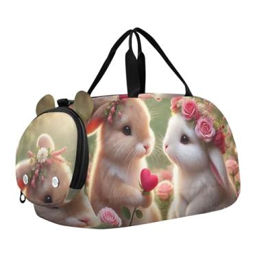 Imagem de Bolsa esportiva retrô para meninos, bússola de polvo, arte infantil, bolsas de viagem para meninas, Amor romântico de coelhinho rosa, Clássico